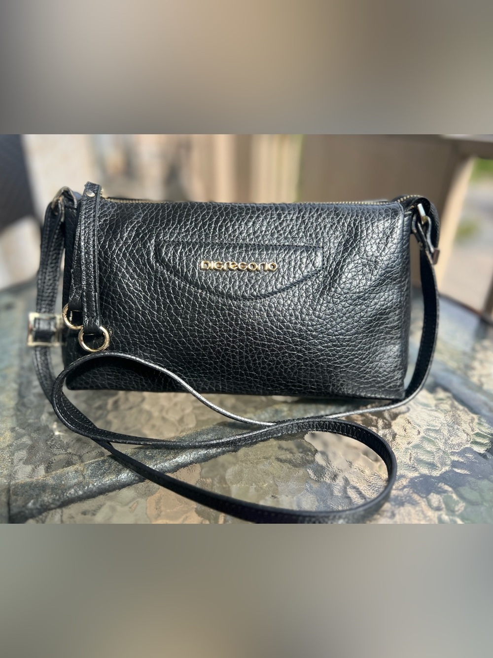 Di Gregorio Black Grained Leather Crossbody Bag - Made in Italy